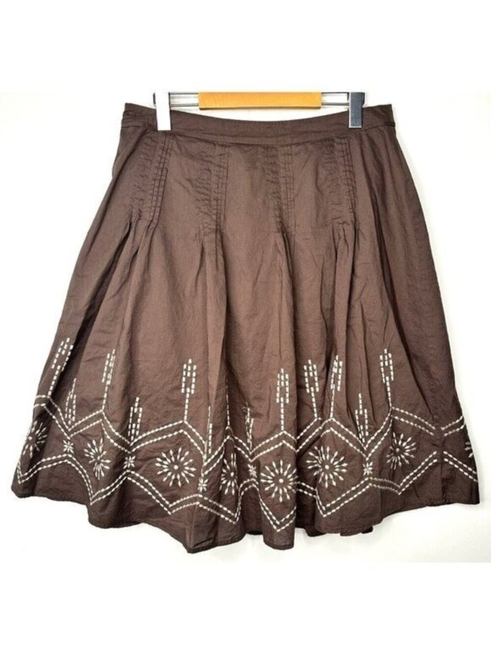 Michael Kors Boho Flare Skirt Womens 10 Brown Embroidered Pleated Cotton - Picture 2 of 9